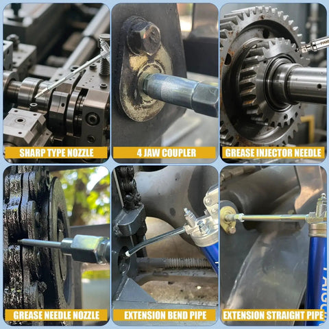 Close-up of All In One Built Tough Heavy Duty 8000 PSI Pistol Grip Grease Gun Kit tools in use, including nozzles and adapters.