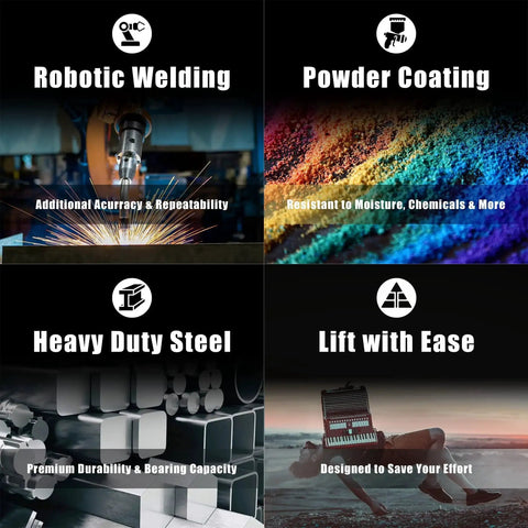 Collage of robotic welding, powder coating, heavy duty steel blocks, and a woman lifting a weight sled, showing manufacturing processes.