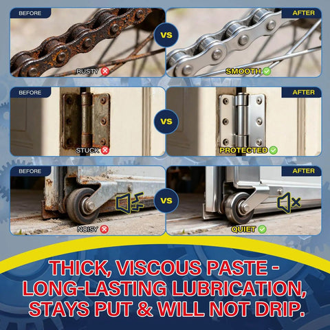Before and after images showing the effectiveness of White Lithium Grease Multi Purpose Waterproof Lubricant For Hinges Bearings Gears Track Rails Go To Choice For Marine Auto Industrial And Household Use 3oz 85g Delivers Long Lasting Smooth Operation And Quiet Performance on chains, hinges, and wheels.