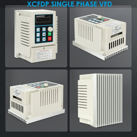 Four views of a 220V 0.75KW 1HP VFD Inverter Single Phase To Three Phase Frequency Converter showing control panel and cooling fins.