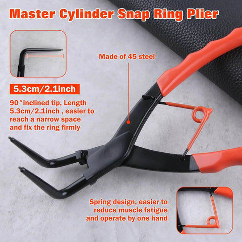 Internal Master Cylinder Snap Ring Pliers 90 Degree Long Nose Pliers with PVC handle, close-up showing 5.3cm tip and steel material.