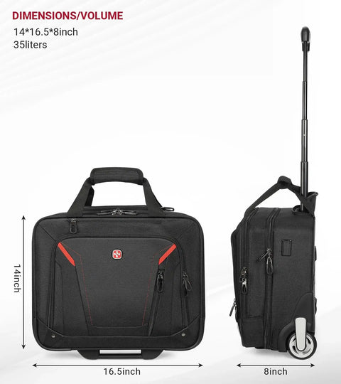 Rigid Frame Rolling Laptop Bag With USB Ports And Wheels For Pro On The Go Travel, side and front view, water resistant underseat luggage