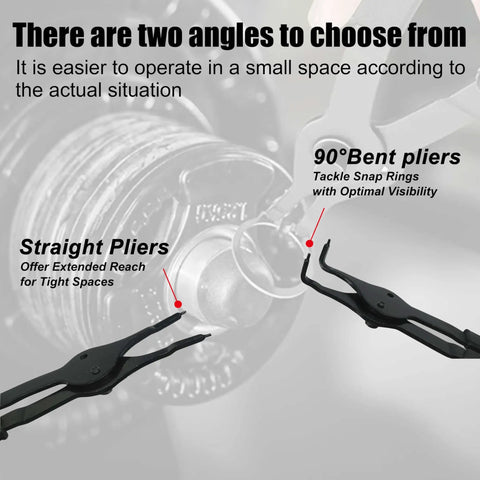 Heavy Duty Snap Ring Pliers Set Pro Grade With 10 Piece Internal And External Circlip Pliers in use with straight and bent tips