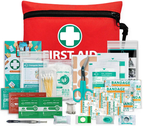 Must Have 110 Piece Mini Grab And Go First Aid Kit For Travel Home Office Car And Outdoors With Emergency Foil Blanket Scissors And Hospital Grade Supplies In A Compact Red Case By General Medi displayed open with contents including bandages and scissors.