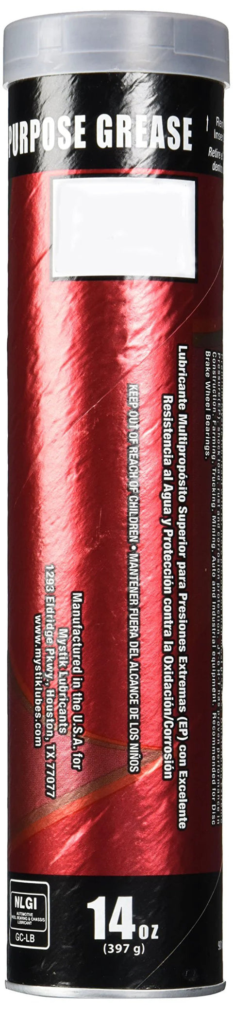 Mystik JT-6 multi-purpose hi-temp grease cartridge, 14 oz, red and black label, Amazon brand.