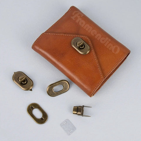 Twist Lock Clasp Sets For Bags And Leather Projects, 12 Antique Bronze Metal Turn Locks, Purse Closure Hardware shown with wallet
