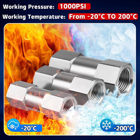 Heavy Duty Stainless Steel 304 One Half Inch NPT Spring Check Valve Built For Industrial Use With 1000 PSI Rating And Minus Twenty Celsius To Two Hundred Celsius Operating Range Two Port NPT Connections shown with fire and ice in background