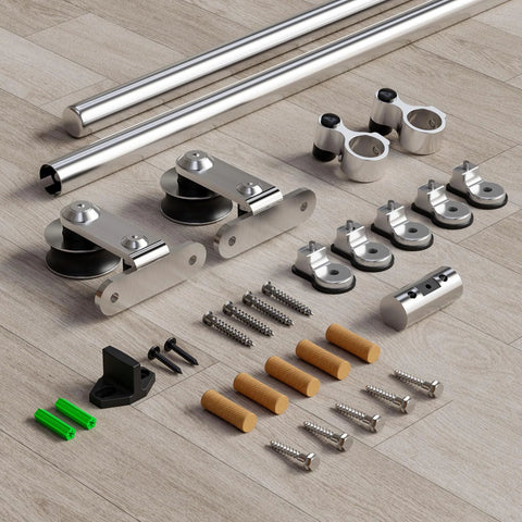 8 Foot Stainless Steel Sliding Barn Door Hardware Kit For Double Doors Built To Last Heavy Duty Smooth Quiet Track System With Anti Rust Gcr15 Rollers Supports Up To 220 Lbs Fits Door Panels Up To 24 Inches kit components on wood floor