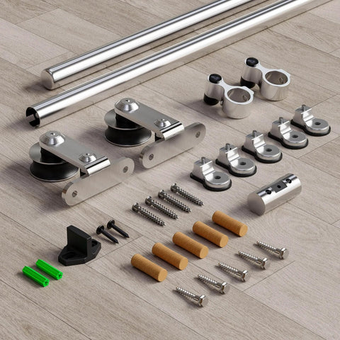 Heavy Duty Stainless Steel Double Sliding Track Barn Door Hardware Kit, 6.6 Foot Rail System With Quiet Smooth Rollers, Supports Up To 220 Lbs And Fits Door Width 19 Inches Or Less, unassembled components on wood floor