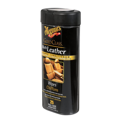 Gold Class Rich Leather Wipes For Car Care With Conditioning And UV Protection, Moisturizers Help Prevent Drying Out And Cracking, 30 Count By Meguiar's in a cylindrical container showing pre-moistened wipes.
