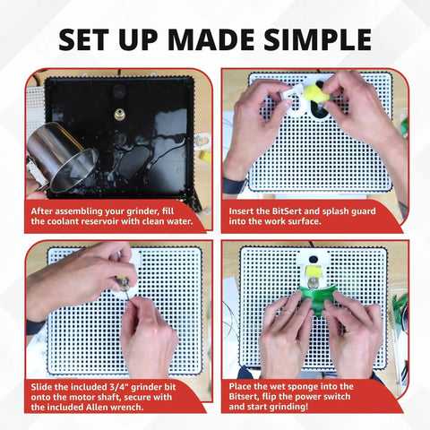 Stained Glass Grinder For Shaping And Drilling With Dual Bit Gear Using Three Quarter Inch And One Quarter Inch Diamond Grinding Bits And 100 Grit Diamond Bits For Smooth Edges 115 Volt Only White And Red setup guide showing assembly