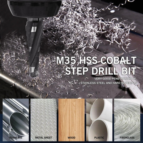 Four Spiral Flute TiAlN Coated Step Drill Bit Unibit 1/8 In To 1/2 In Wear Resistant Cobalt Drill Bit With 1/4 In Hex Shank For Metal Stainless Steel Aluminum Wood And Plastic drilling metal shavings