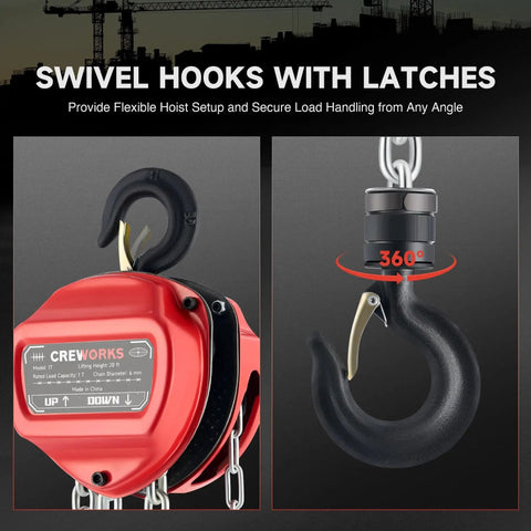 1 Ton Hand Chain Hoist With 20 Ft Lift G80 Chain And Double Guide Wheels showing swivel hooks with latches