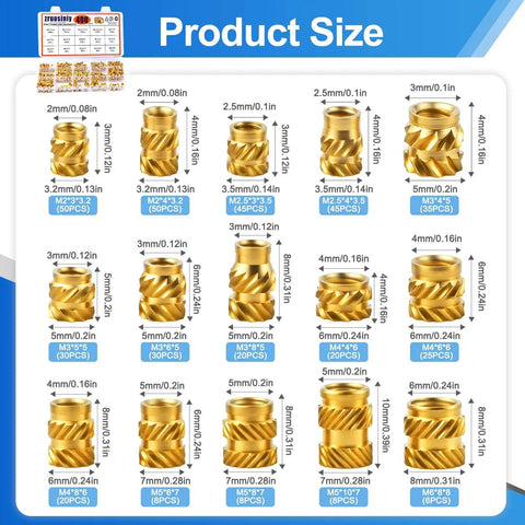 400 Pcs Brass Heat Set Threaded Inserts Kit For Plastic And 3D Printing, M2 To M6 Knurled Female Threaded Nuts, size chart