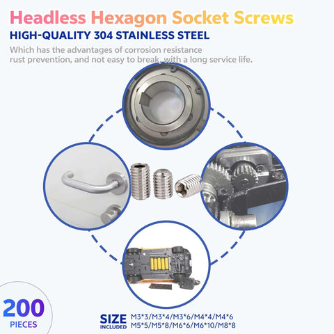 200 Piece Stainless Steel Set Screw Kit With Hex Allen Head Grub Screws For Door Handles Bathroom Fixtures And Lighting Pro Grade 304 Stainless Rust Resistant M3 M4 M5 M6 M8 shown with various applications.