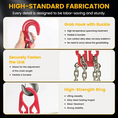 Infographic of reinforced Grade 80 chain sling with red grab hook, dual chains, and load-binding ring.