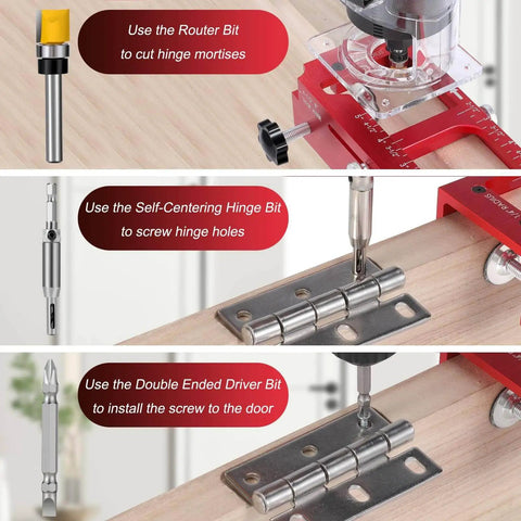 Pro Grade Aluminum Door Hinge Jig Template Kit For Router shown with hinge bit and installation on wooden door