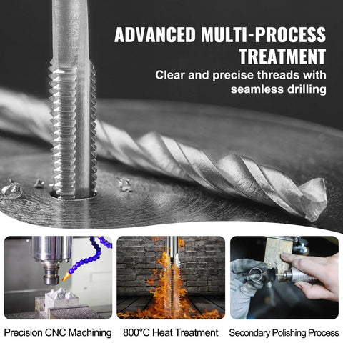 Pro Grade 110-Piece Tap and Die Set with Metric Sizes M2 to M18, showcasing threading and polishing processes