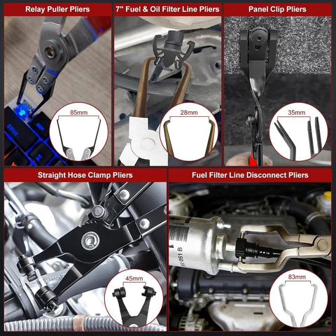 9 Piece Hose Clamp Pliers Set For Fuel Line Disconnect And Hose Removal Tool Kit Including Relay Puller Straight Clamp Pliers 30 Degree Angled Disconnect Pliers Panel Clip Pliers Trim Tool And Carry Case close-up view