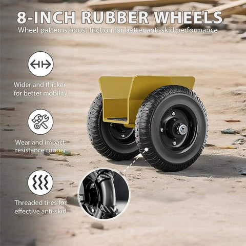 Heavy Duty Panel Dolly With 700 Pound Load Capacity And Eight Inch Wheels, close-up of 8-inch rubber wheels on steel frame