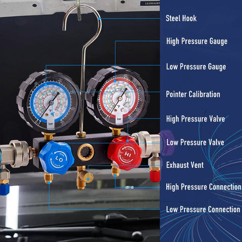 BACOENG vacuum pump and gauge set for R32 AC systems, 4 CFM, dual gauges with blue and red knobs.
