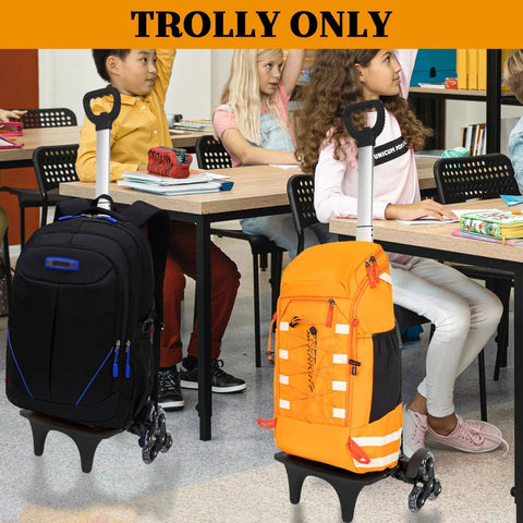 Six Wheel Backpack Trolley Rolling Dolly Cart For Luggage And Travel Hand Truck inside a classroom with orange and black backpacks.