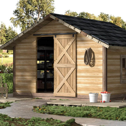 Wooden barn with a sliding door on a heavy duty box rail system; Built To Last Heavy Duty Box Rail Sliding Barn Door Hardware Kit With Wall Mount Track System 6.6 Feet Rail Quiet Smooth Operation Black Powder Coated Steel Easy To Install No Door Included Great For Interior Doors installed.