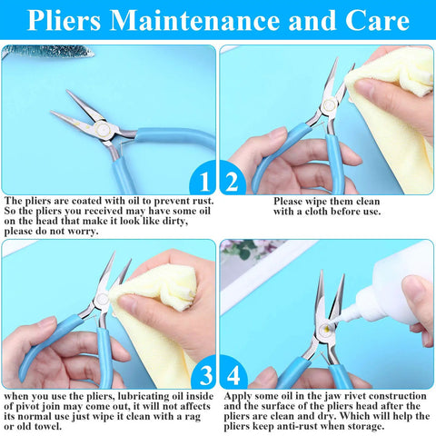 Care instructions for Essential 3 Piece Jewelry Pliers Set for DIY Wire Wrapping and Repairs by Shynek, showing cleaning steps.