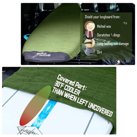 Fabric Sock For Nine Foot Six Longboard With Rounded Nose In Treetop Green Surfboard Cover That Shields Against Scratches Dings And Wax