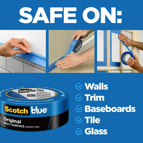 Multi Surface Painter Tape 1 Inch Wide Blue Masking Tape 60 Yards for use on walls, trim, baseboards, tile, and glass.