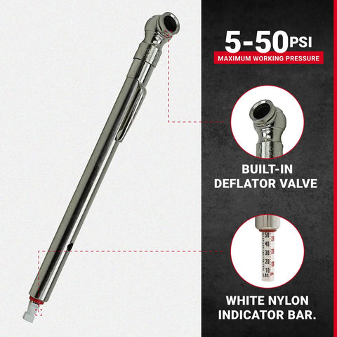 Milton S-928 air/water-filled tire pencil pressure gauge with built-in deflator valve; reads PSI and kPa