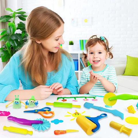 Mother and daughter playing with Creative 28 Piece Dough And Clay Tools Kit For Kids With Animal Cutters Rolling Pins Safety Scissors