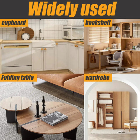 Image showing a kitchen cupboard, office bookshelf, folding table, and wardrobe, each indicating versatile use of concealed hinges in furniture.
