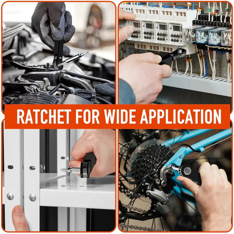 22 In 1 Ratchet Screwdriver Set With 90 Degree Right Angle Bits shown used in automotive, wiring, furniture, bike repairs
