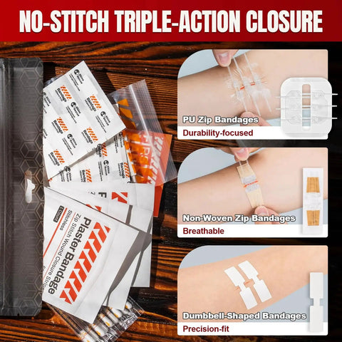 No Stitch Wound Closure Kit with three types of butterfly bandages, zip and nonwoven bandages, dumbbell bandages, and triple antibiotic ointment displayed