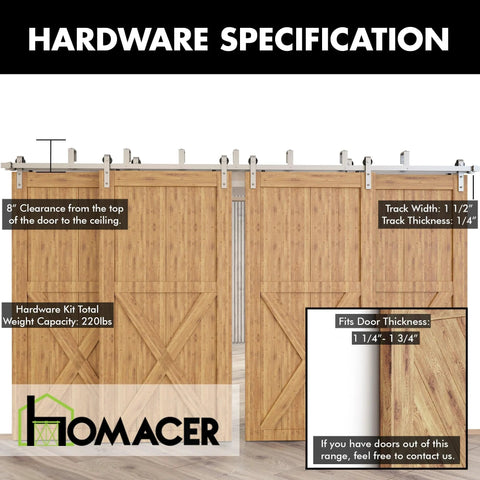 Brushed Nickel Double Track U Shape Bypass Sliding Barn Door Hardware Kit for Four Doors 8ft Flat Track Installed View