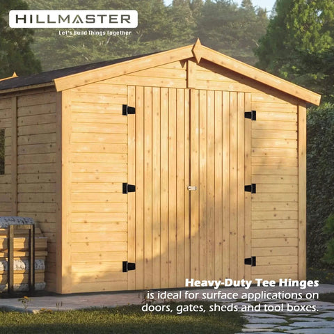 Wooden shed with 3.5 Inch Heavy Duty Gate Hinges Black Strap Hinges, ideal for indoor outdoor use and durability on doors and fences.