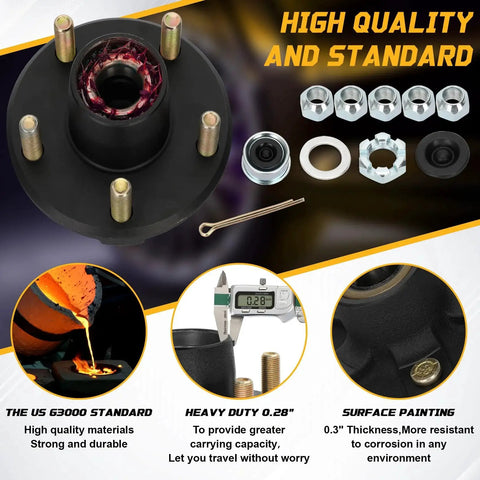 Two Sets 2000 Pound Trailer Hub Kit 5 Lug Four Point Five Inch Bolt Pattern For One And One Sixteenth Inch Straight Spindle Boat Trailers Pre Installed Bearings And Seals Lubricated Ready To Install Not For Tapered Spindles, showing hub components, bolts, and seals.