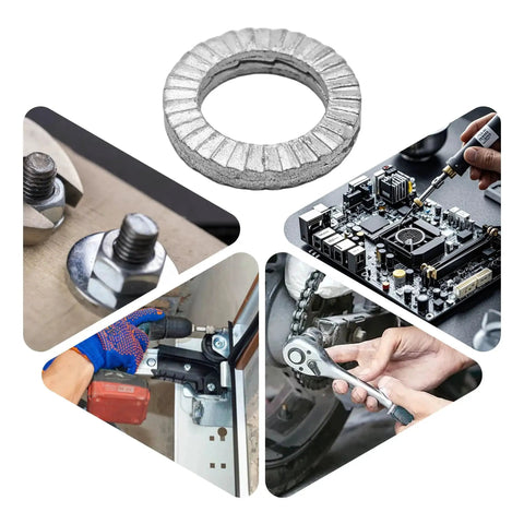 Runseaway M8 wedge lock washers, manganese steel, 50 pcs for bolts
Runseaway M8 wedge lock washer, manganese steel, side view
Runseaway M8 wedge lock washer close-up, ridged circular steel
Runseaway M8 wedge lock washer installed on bolt for vibration resistance