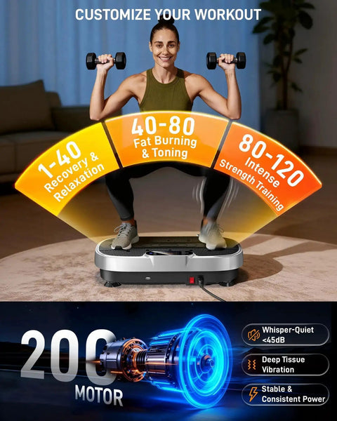 Woman using Vibration Plate Exercise Machine For Home Gym Full Body Workout With Loop Bands 330 Lbs Capacity Low Impact Fitness Platform