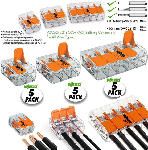 Lever Nut Splicing Connector Set, 15-Piece Pack with 2, 3, and 5 Port Nuts, Orange Pocket Pack for Quick 12-24 AWG Wiring