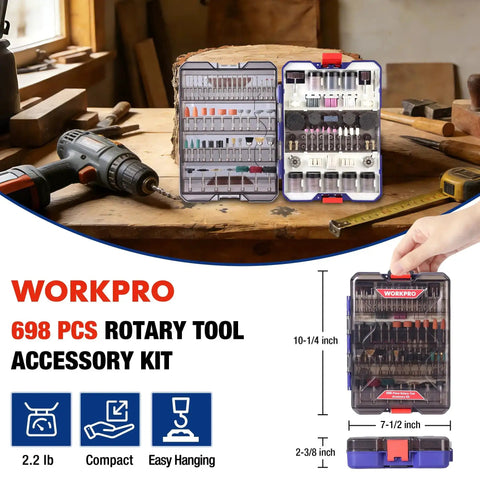 All In One 698 Piece Rotary Tool Accessories Kit displayed in case on wooden workbench with drill.