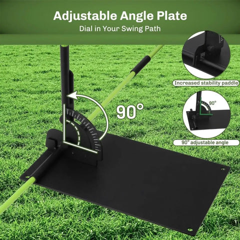 Image of an upgraded golf alignment stick holder with anti tip base, adjustable angle plate, and stability paddle on grass surface.