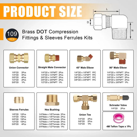 Brass DOT Air Brake Line Fittings Kit For Trucks And Industrial Systems Heavy Duty 109 Piece Assortment With Unions Tees Elbows