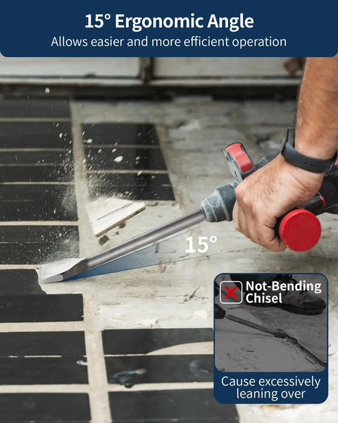Alloy Steel Cranked Tile Removal Chisel For SDS Plus Rotary Hammers 3 Inch Wide By 10 Inch Long Bent Tile Chisel Bit For Ceramic Tile Cement Thinset Mortar Vinyl Fits Dewalt Bosch Milwaukee Makita Hitachi SDS Tools FS18310 being used to remove tiles