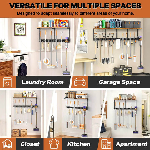 All In One Broom Holder Wall Mount With Cleaning Supplies Organizer for versatile spaces like laundry, garage, kitchen, closet, and apartment.