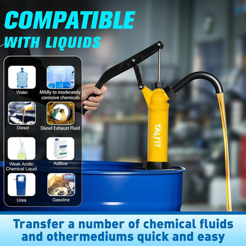 Lever Action Drum Pump For 55 Gallon Drums Fuels Chemicals Corrosives in use, dispensing liquid from a blue drum, compatible with various fluids.