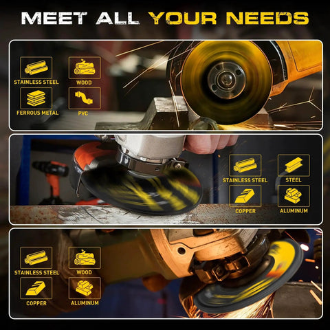 All In One Pro Grade 26 Piece Angle Grinder Disc Set cutting stainless steel and wood with sparks on workshop bench