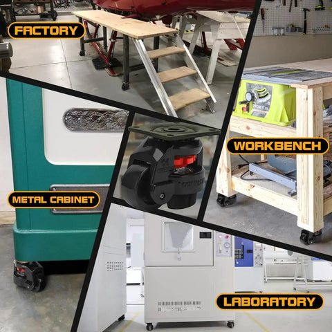 Beefy Heavy Duty Leveling Casters Set Of 4 With 110 Lb Per Wheel Capacity, used in factories, metal cabinets, workbenches, and labs.