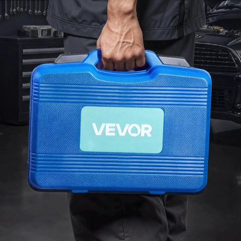 Person holding a blue carrying case for 52 Piece Custom Bushing Bearing And Seal Driver Set And 16 Piece Slide Hammer Puller Kit